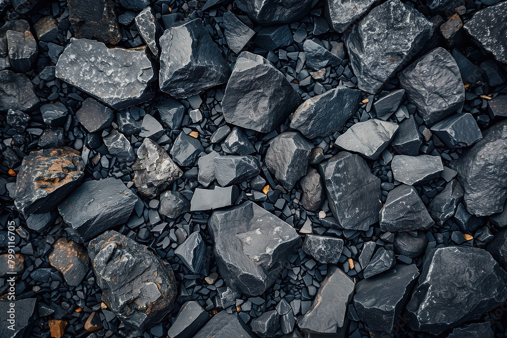 Dark gray rocks on the ground, top view Dark gray rocks on the ground, top view