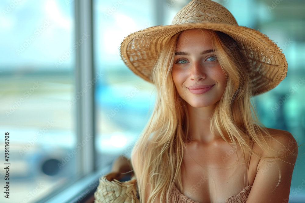 A woman with blonde hair and a straw hat is smiling at the camera