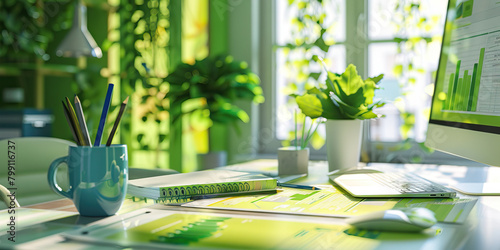 Close-up of a sustainability consultant's desk with sustainability reports and green building plans, illustrating a job in sustainability consulting