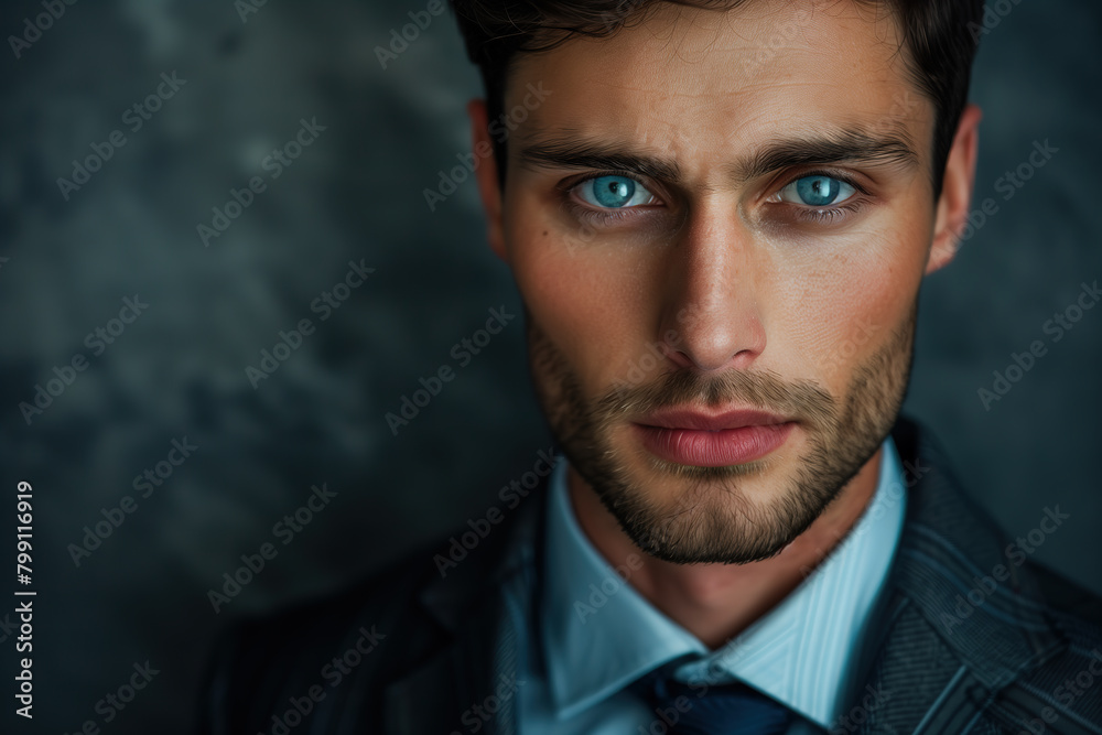 Handsome man with chiseled jaw, blue eyes, short dark hair, wearing a suit