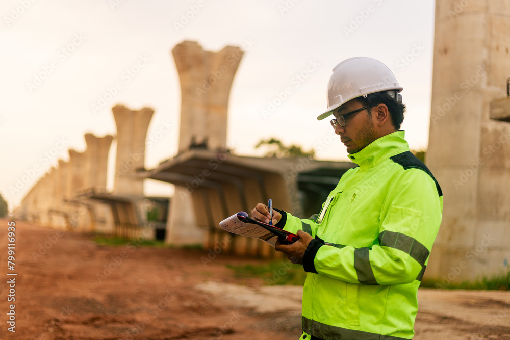 A man in a yellow jacket is writing on a clipboard while standing in front of a bridge. Concept of work and productivity A man in a yellow jacket is writing on a clipboard while standing in front of a bridge. Concept of work and productivity
