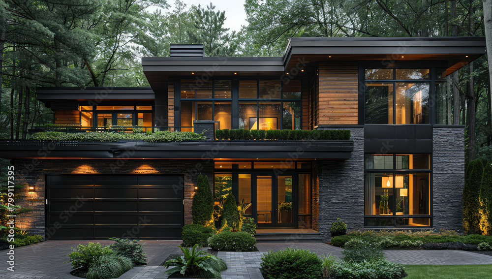 Ultrarealistic, bright and scenic view of the exterior front facade of a modern two-story luxury home in British Columbia with dark gray walls. Created with Ai