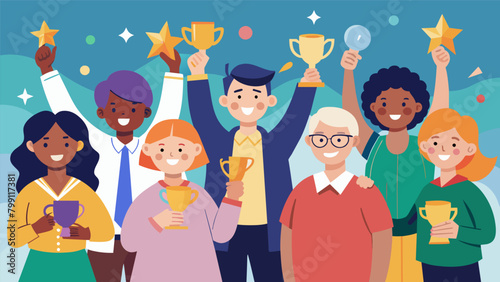 A group photo of award recipients from various backgrounds and ages holding up their awards with pride and determination to continue their activism.. Vector illustration