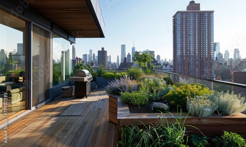 Rooftop skyscraper garden with abundant greenery, panoramic view of a big city with a beautiful sky