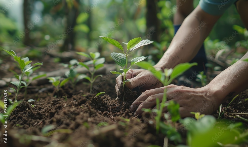 Obraz premium Two hands plant a tree sapling in the forest soil, close-up shot, promoting environmental activism
