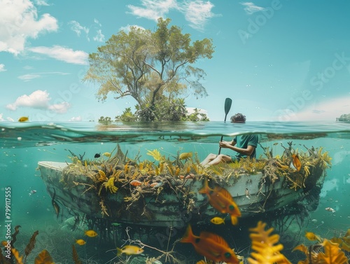 A man in a boat completely covered in greenery, sinking to the bottom of the sea, blue hue, promoting environmental activism