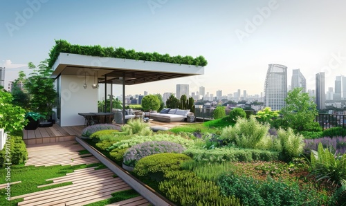 Rooftop skyscraper garden with abundant greenery  panoramic view of a big city with a beautiful sky