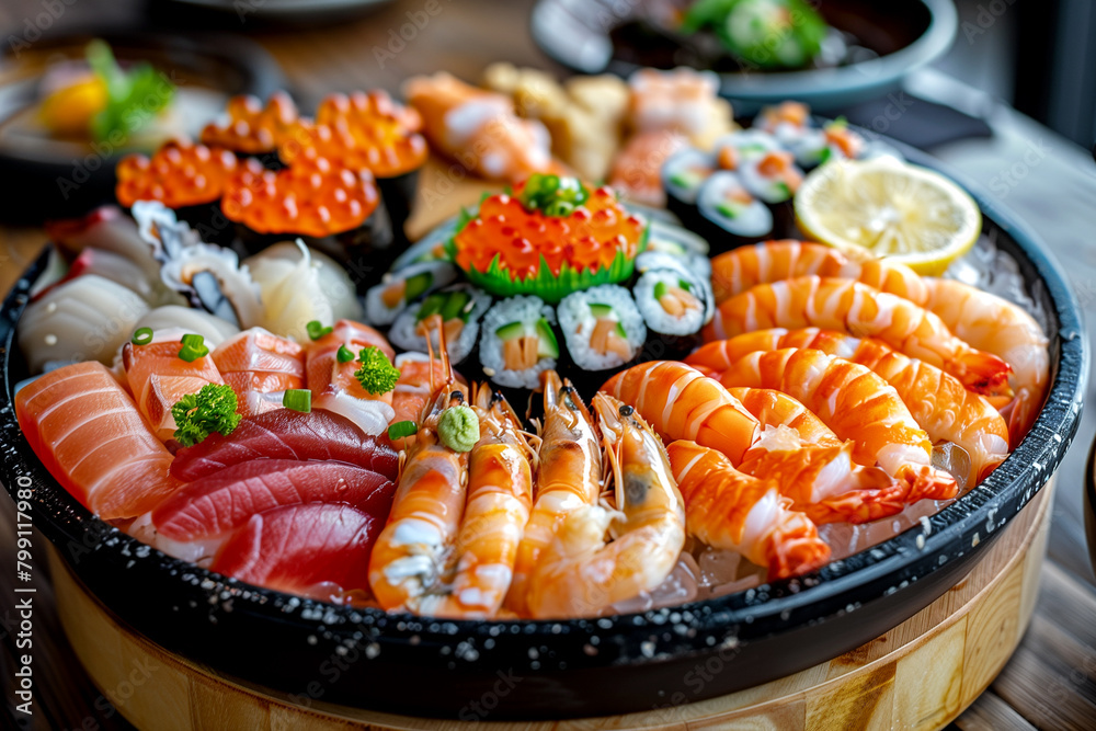 A tray of sushi and shrimp is displayed on a wooden table A tray of sushi and shrimp is displayed on a wooden table