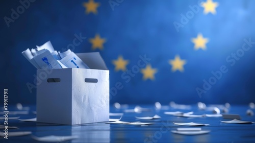 Box of ballots with European Union flag in the background. European election, ballot political partecipation, EU political ballots photo