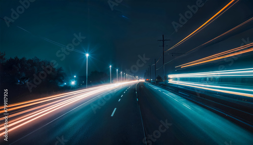 Highway at night with light trails.