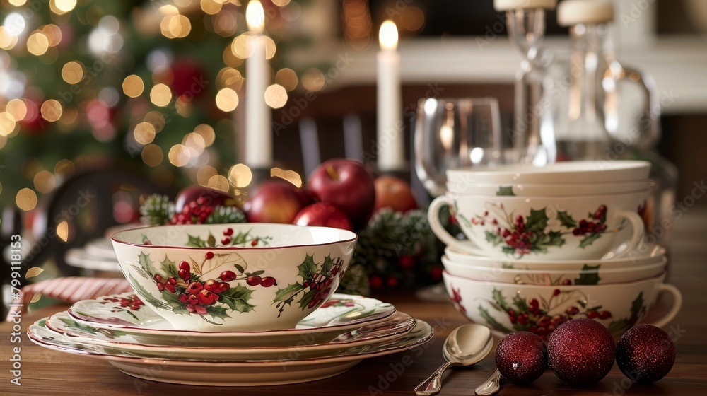Fototapeta premium Seasonal Decor Festive Dinnerware: Photos of festive dinnerware sets with seasonal motifs