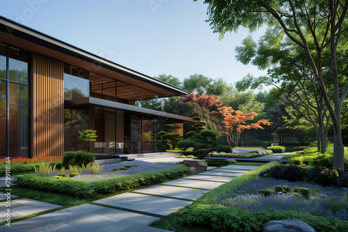 modern house with a front garden, showing a landscape design and architecture project for an exterior mockup of a luxury villa