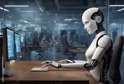 Futuristic humanoid robot works at computer in office environment. AI will replace humans at work.