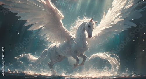 A white horse with wings flying, flames around it, in the style of fantasy art