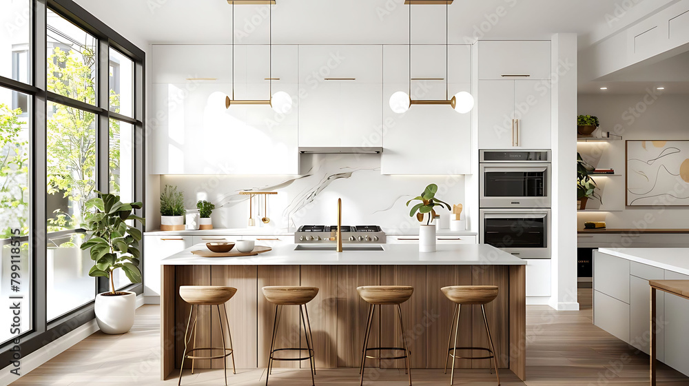 scandinavian - inspired kitchen with matte white cabinets, stainless steel oven, and bar stools the