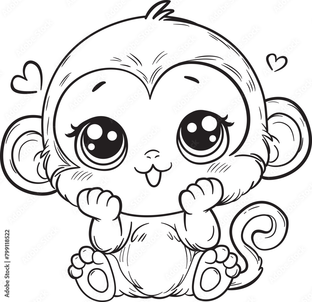 Monkey, Cute and sweet, coloring page, outline, isolate.