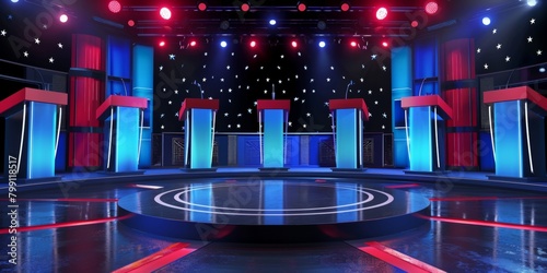republican debate background. Empty debate stage with colorful neon lights and podiums photo