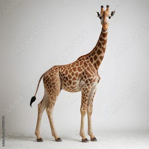 A small giraffe with a black tail and a white background.