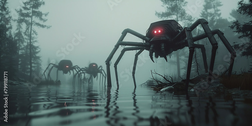 three gigantic slender spiders, iron as body and red monitors as eyes