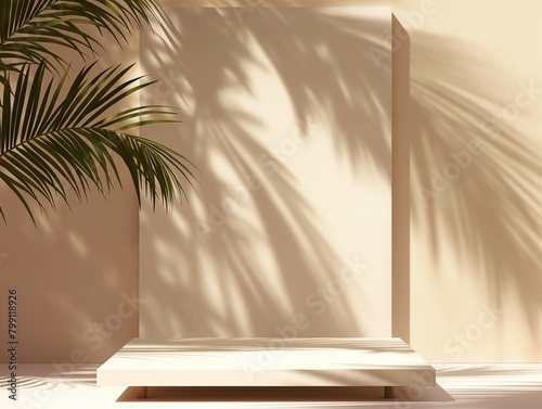 Podium mockup, palm leaf shadow background, 3d render © woojooo