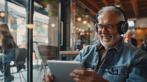 Happy senior man using tablet and headphones to watch video online in a modern cafe.