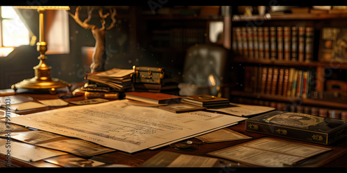 Close-up of a genealogist's desk with family tree charts and historical records, representing a job in genealogy research photo