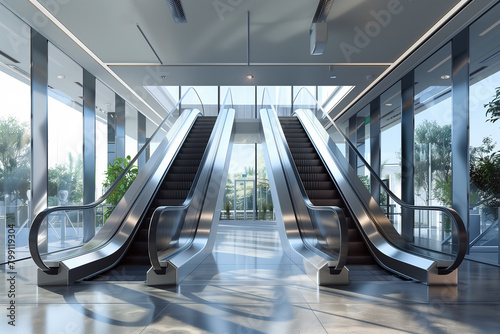 Two escalators in modern office building