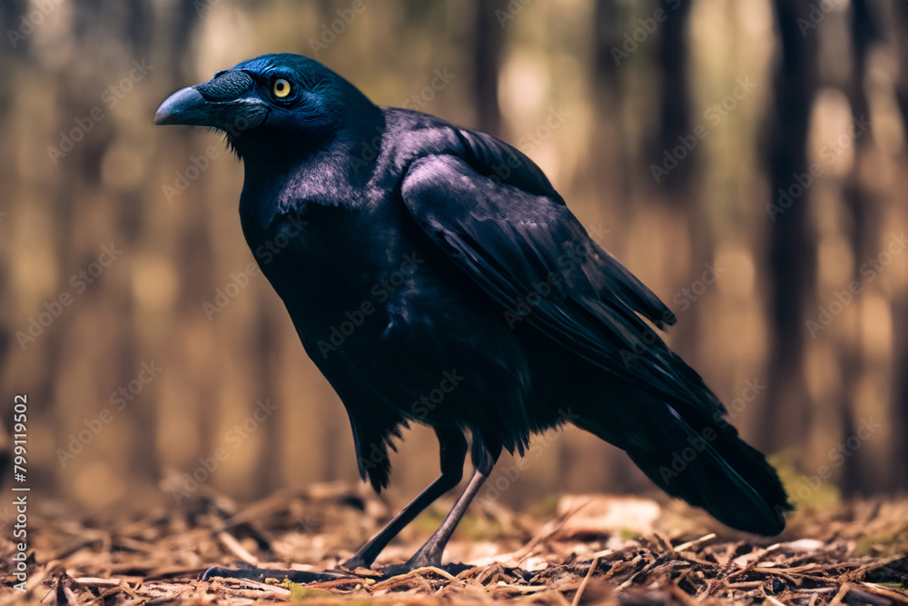 Fototapeta premium bird in the forest. a large black raven sits on the ground on dry branches, close-up. nature concept