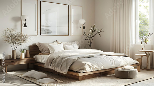 simple bedroom with platform bed and wall - mounted nightstands featuring white pillows, a white va © YOGI C