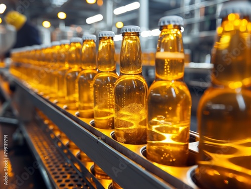 A row of beer bottles on a conveyor belt. The bottles are all the same color and are lined up in a row
