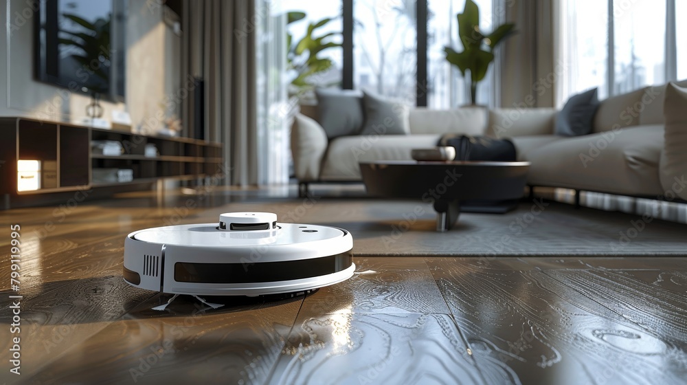 Smart Home Technology: An image of a robotic vacuum cleaner autonomously cleaning a living room floor Smart Home Technology: An image of a robotic vacuum cleaner autonomously cleaning a living room floor
