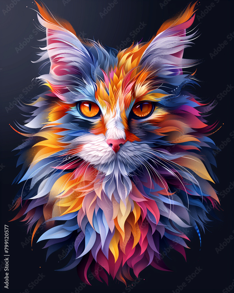 Fototapeta A colorful cat with a rainbow-colored mane and a bright orange nose