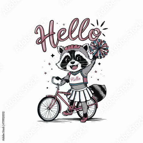 Raccoon cyclist character retro customized vector style illustration