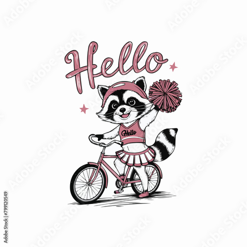 Raccoon cyclist character retro customized vector style illustration