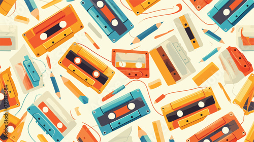 Retro cassette pattern. Seamless music background w photo