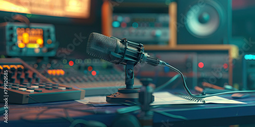 Close-up of a radio broadcaster's desk with microphone and broadcast schedule, symbolizing a job in radio broadcasting photo