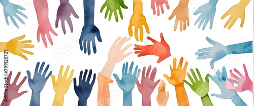 Illustration of a group of colorful hands reaching upwards. The hands are made of paper and come in various colors. Diversity and inclusion. White background. Generative AI