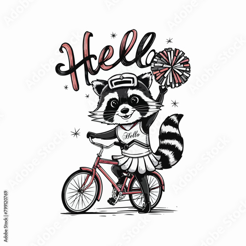 Raccoon cyclist character retro customized vector style illustration
