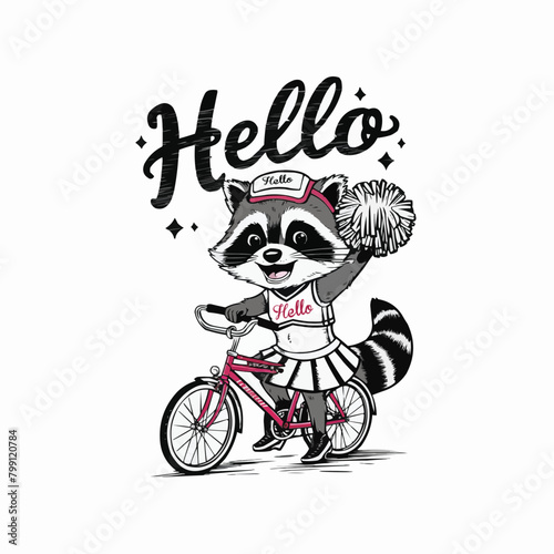 Raccoon cyclist character retro customized vector style illustration