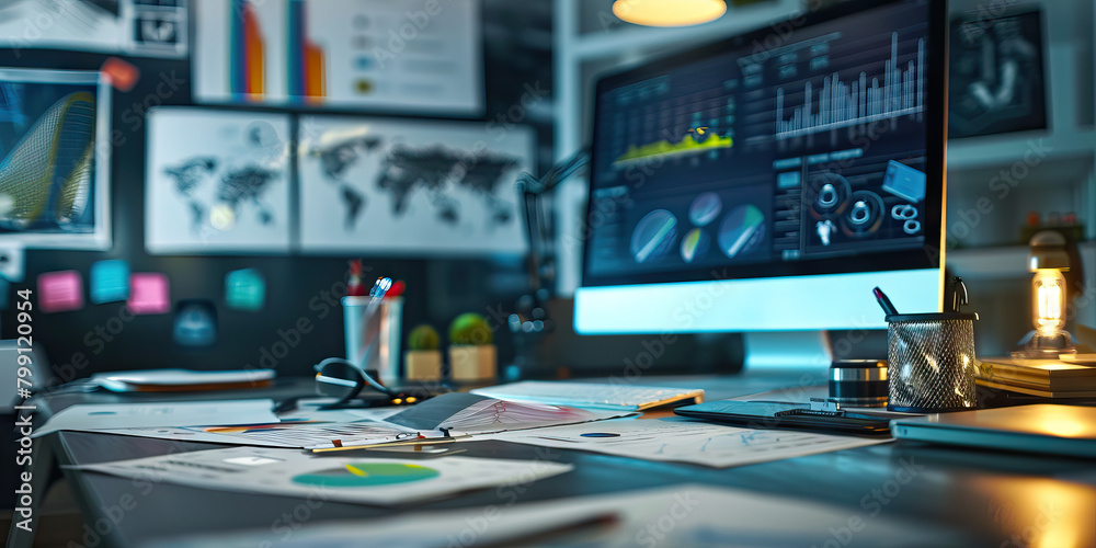 Close-up of a sports scientist's desk with sports performance data and training plans, illustrating a job in sports science Close-up of a sports scientist's desk with sports performance data and training plans, illustrating a job in sports science