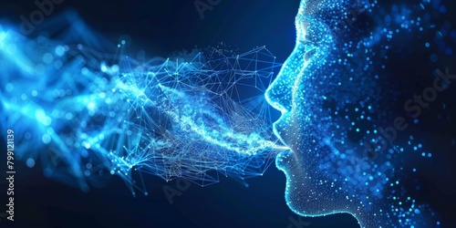 AI Voice Generator synthetizer background. Whisper of artificial intelligence concept with head of human and waveform audio. Digital representation of a human face in a network of blue and pink lines.
