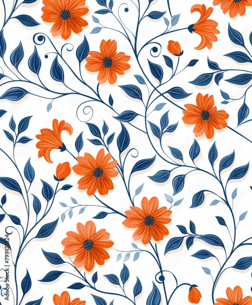 Orange and Blue Flower Pattern on White Background