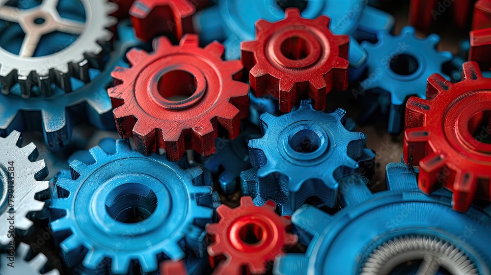 Interlocking red and blue gears symbolizing collaboration and mechanics Interlocking red and blue gears symbolizing collaboration and mechanics