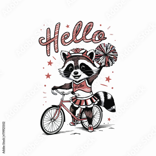 Raccoon cyclist character retro customized vector style illustration