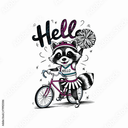 Raccoon cyclist character retro customized vector style illustration