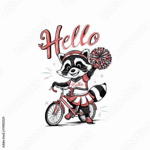 Raccoon cyclist character retro customized vector style illustration