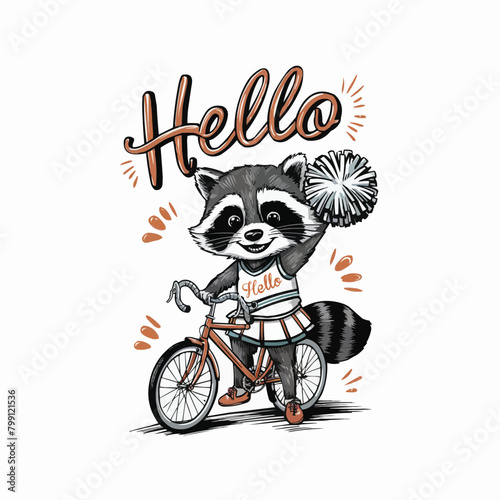 Raccoon cyclist character retro customized vector style illustration