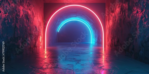 A dark and mysterious tunnel with red and blue neon lights.