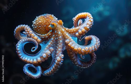 A captivating photograph of an octo gracefully swimming in the deep ocean, its tentacles elegantly swirling around it as sunlight filters through water above. Created with Ai © Design