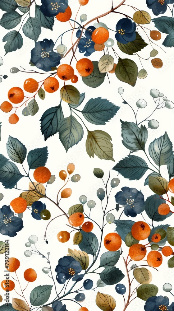 Berries and Leaves Painting on White Background Berries and Leaves Painting on White Background